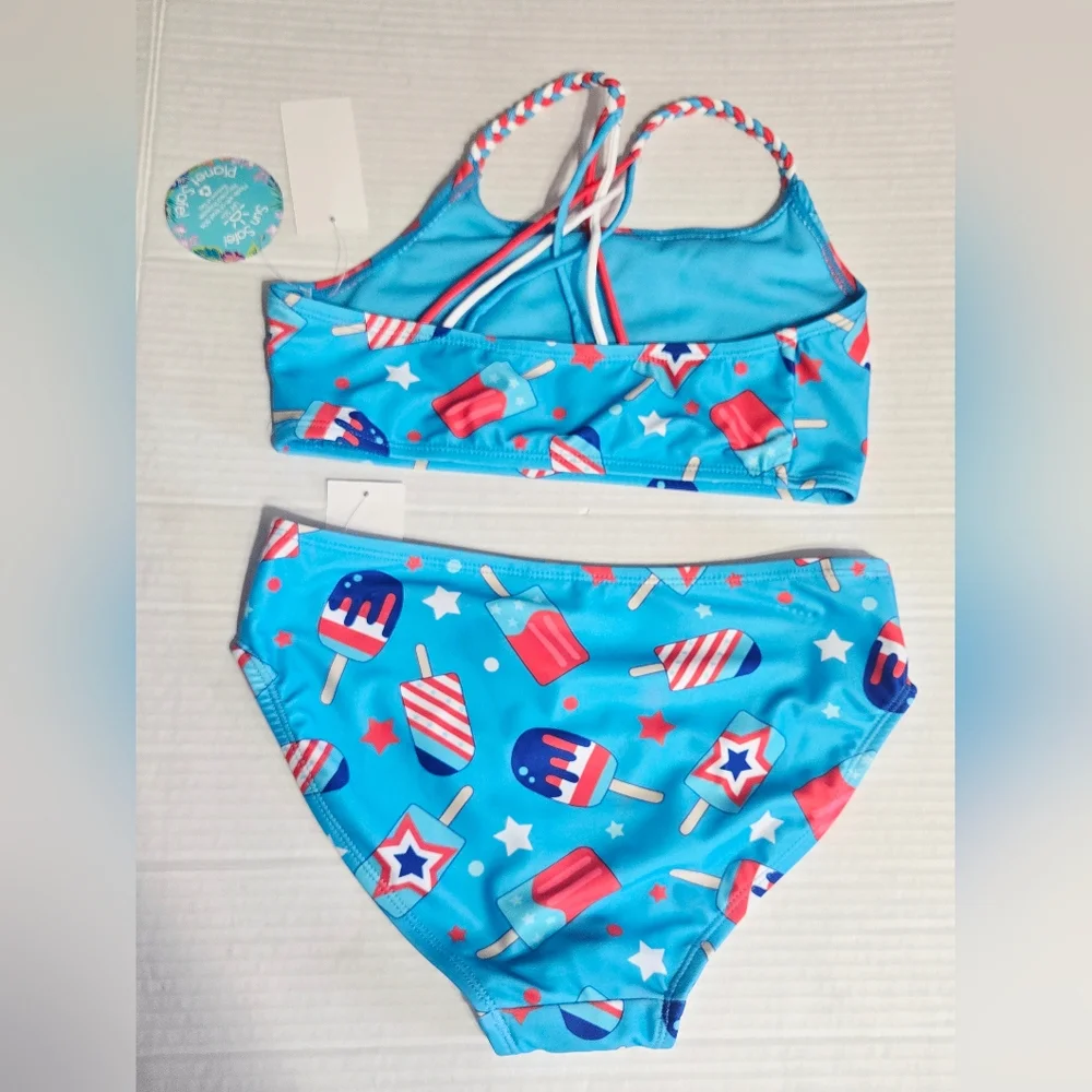 Breaking‎ Waves Girls Bikini Swimsuit Size 12 UPF 50+ Patriotic Popsicles